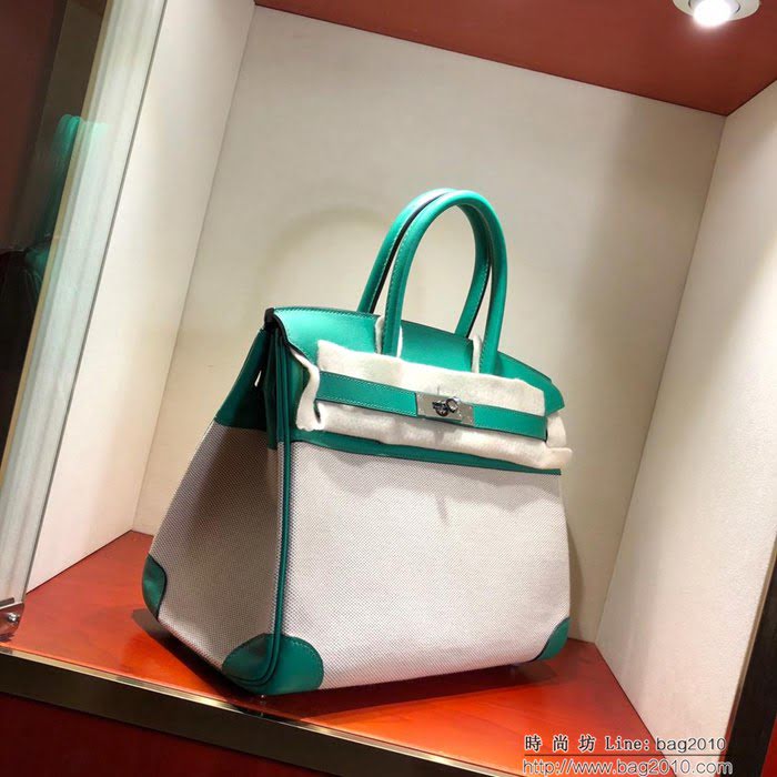 HERMES愛馬仕 鉑金包 Birkin30Cm Swift拼帆布 U4 Vert Vertigo 絲絨綠 銀扣 頂級工藝 手縫蠟線 無敵限量版 古董包  Ama1607